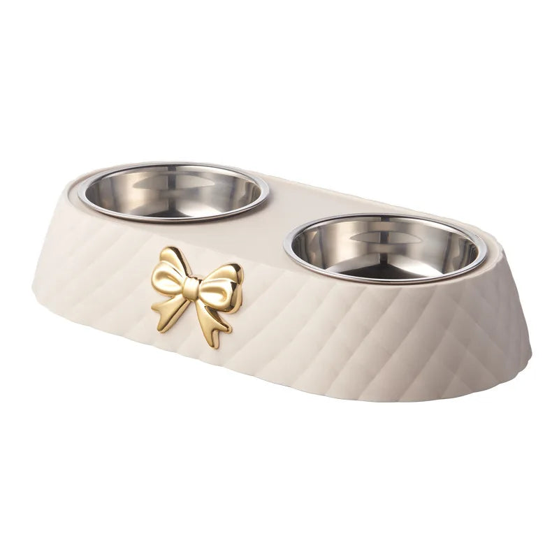 Stainless Steel Double Bow Knot Pet Feeding Bowl Set
