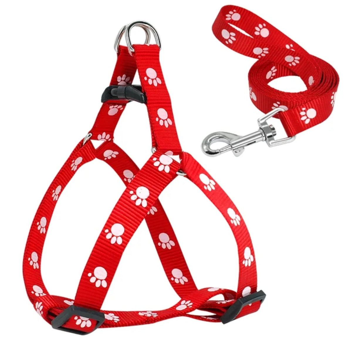 Adjustable Nylon Dog Harness And Leash Set With Paw Print Pattern