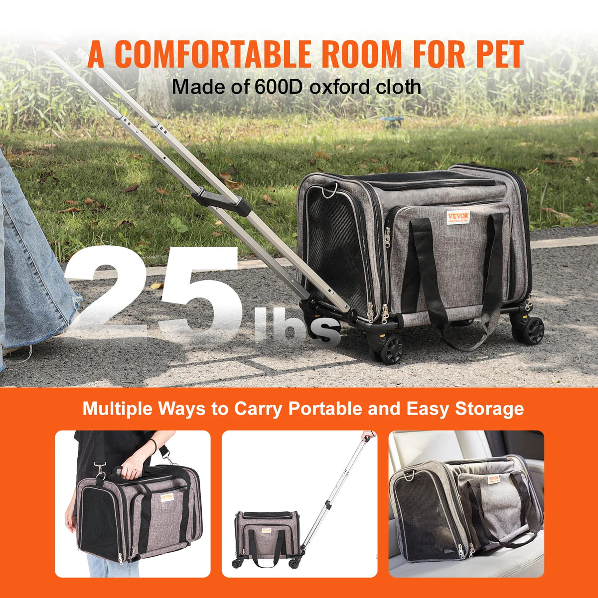 Breathable Four Wheel Pet Carrier Backpack With Telescopic Handle