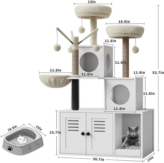 Garvee Cat Tree With Hidden Litter Cabinet And Padded Perches
