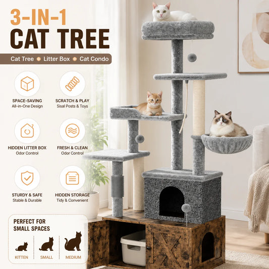 Modern Cat Tree With Hidden Litter Box And Scratching Post