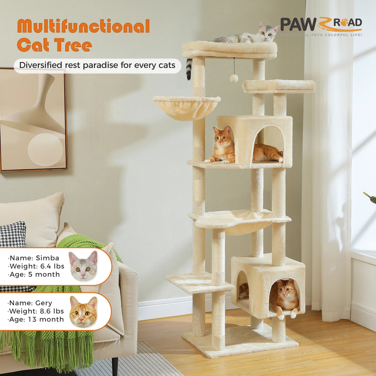 PAWZ Road Multi Tier Cat Tree With Hammock And Posts