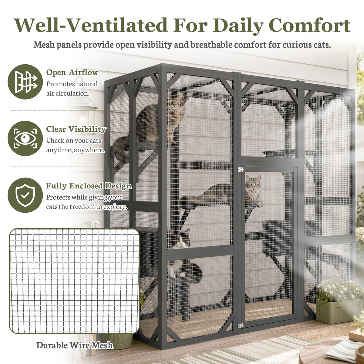 Wooden Outdoor Cat Catio With Multi Level Platforms And Rest Box