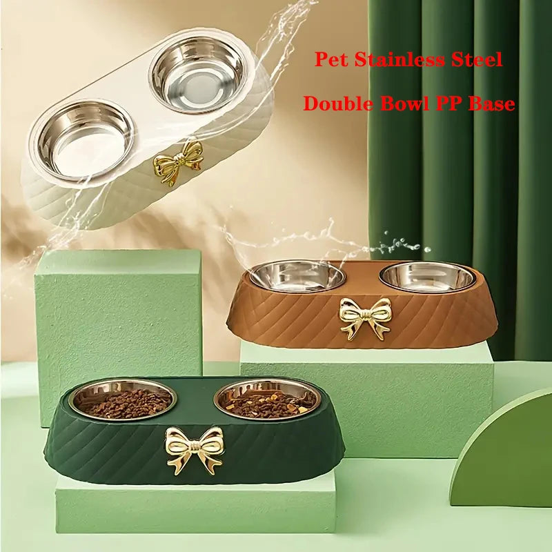 Stainless Steel Double Bow Knot Pet Feeding Bowl Set