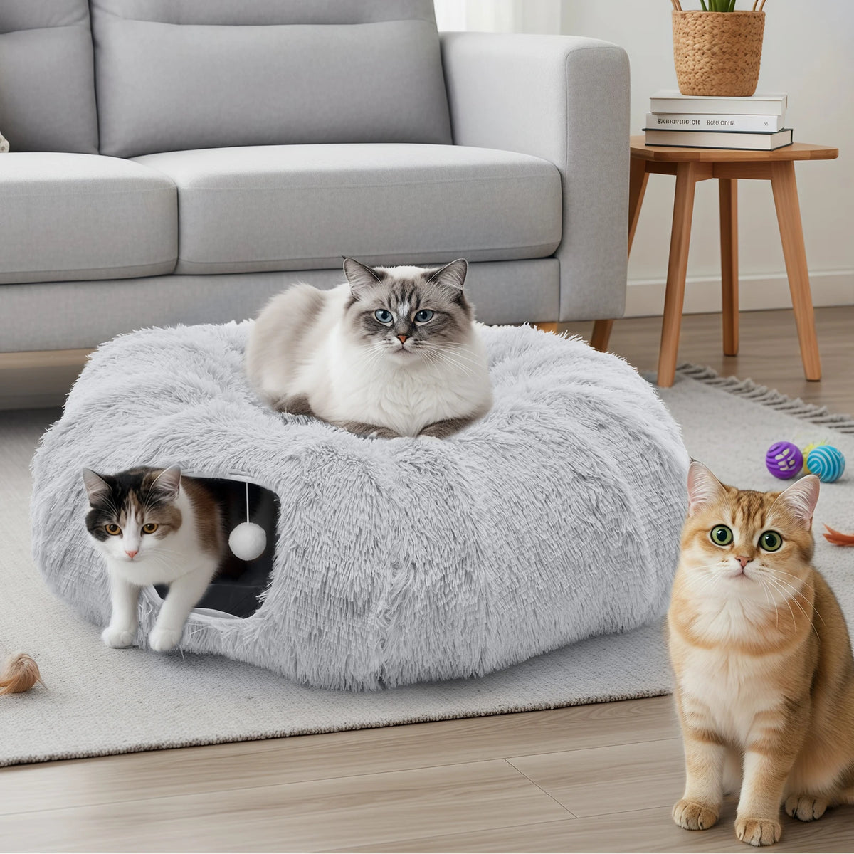 JHK Round Cat Tunnel Bed Soft Plush Washable Pet Toy