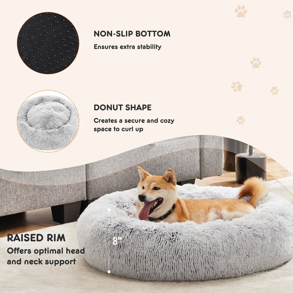 JHK Round Plush Faux Fur Calming Heavy Duty Dog Bed