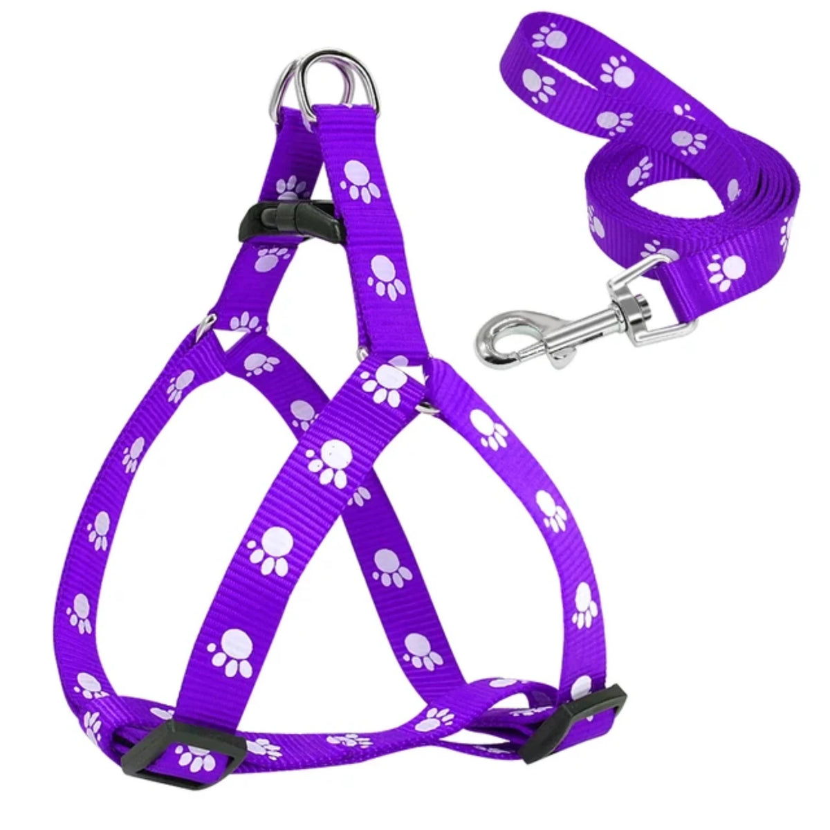 Adjustable Nylon Dog Harness And Leash Set With Paw Print Pattern