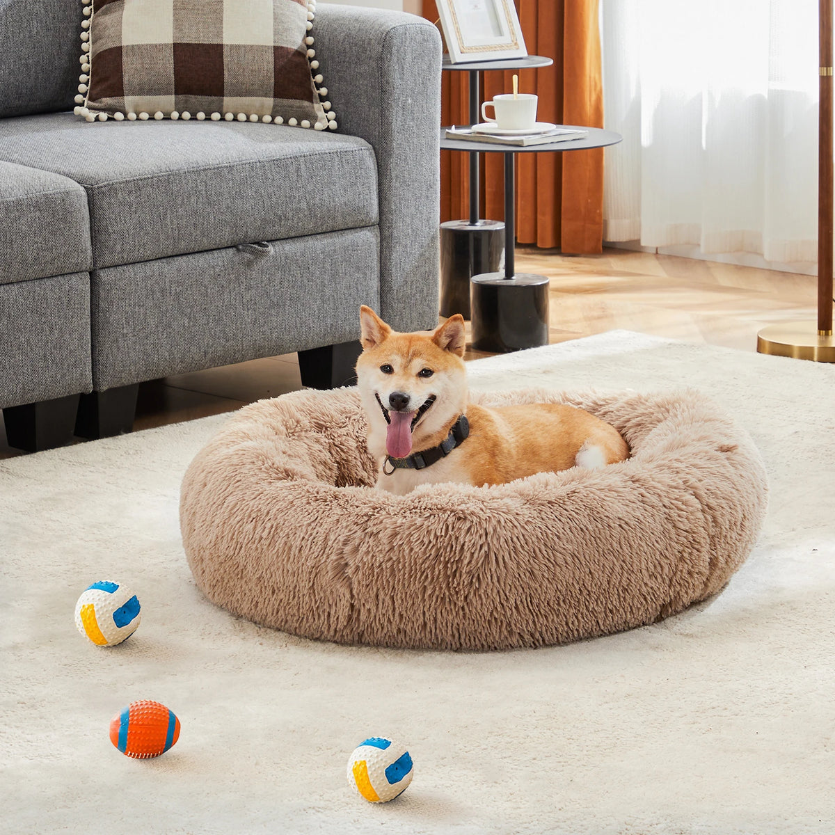 JHK Round Plush Faux Fur Calming Heavy Duty Dog Bed
