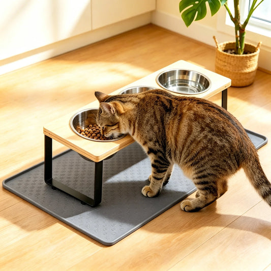 Elevated 3 Bowl Cat Feeder With Bamboo Stand And Steel Bowls