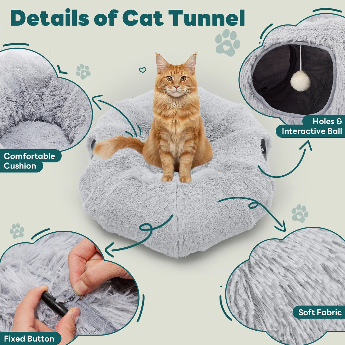 JHK Round Cat Tunnel Bed Soft Plush Washable Pet Toy