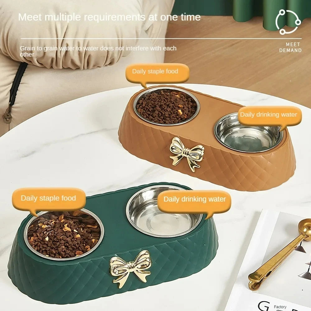 Stainless Steel Double Bow Knot Pet Feeding Bowl Set