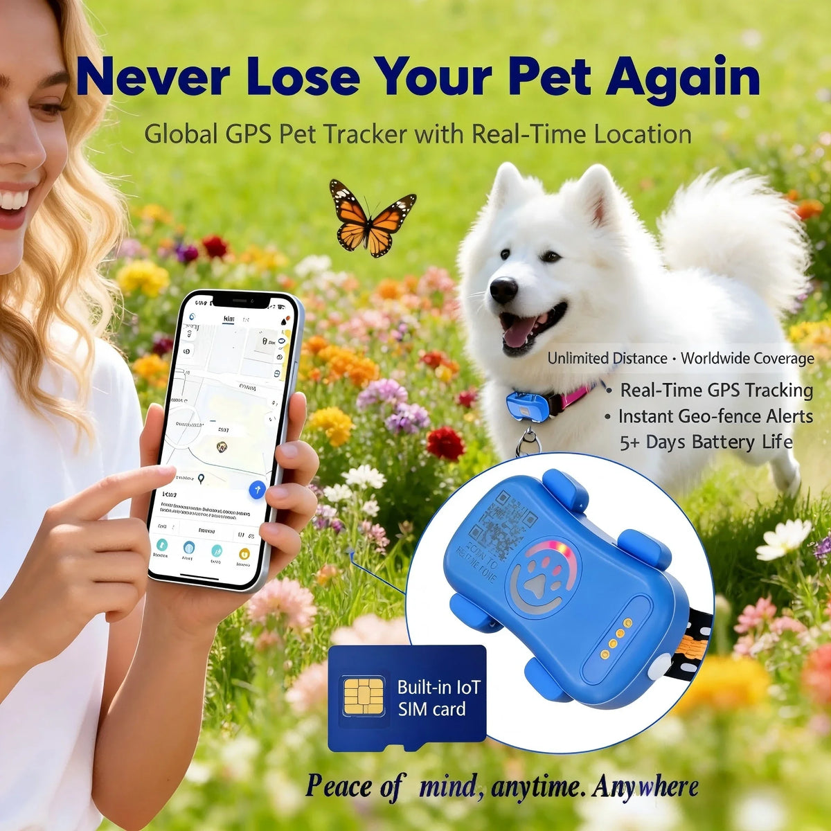 Wanwaytech GPS Pet Tracker Dogs Unlimited Range 4G LTE Connection