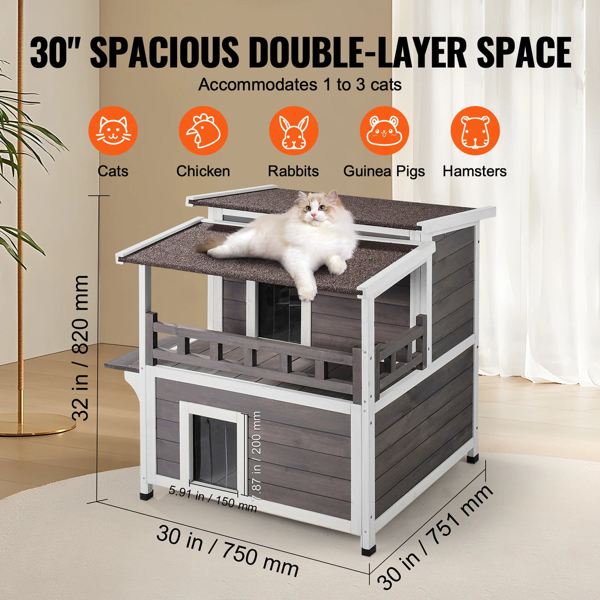 VEVOR Weatherproof Outdoor Wooden Cat House With Balcony