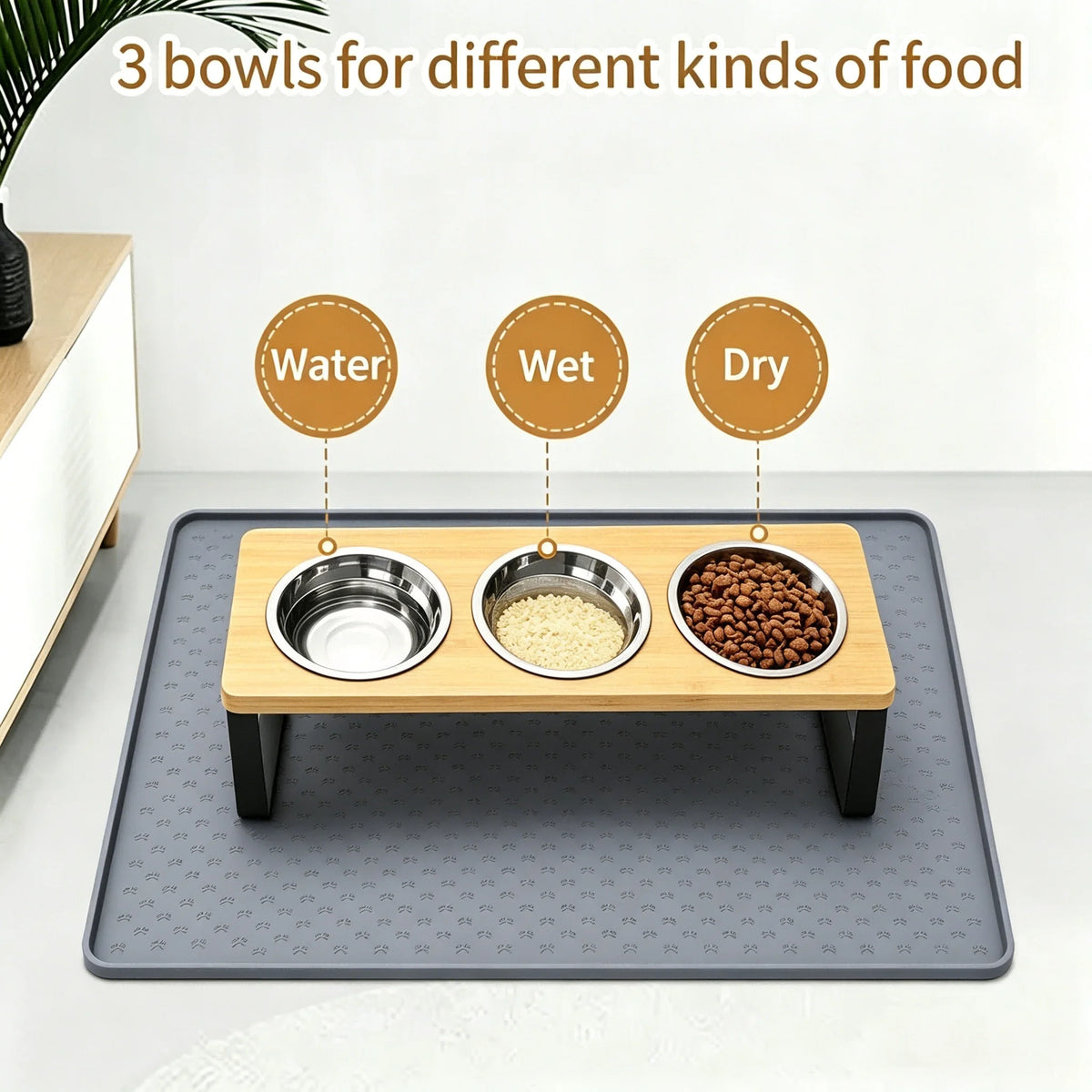 Elevated 3 Bowl Cat Feeder With Bamboo Stand And Steel Bowls