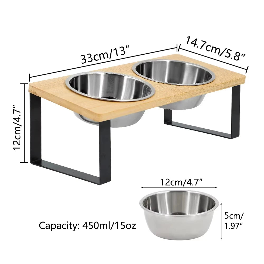 Elevated Stainless Steel Cat Bowls With Wooden Tilted Stand