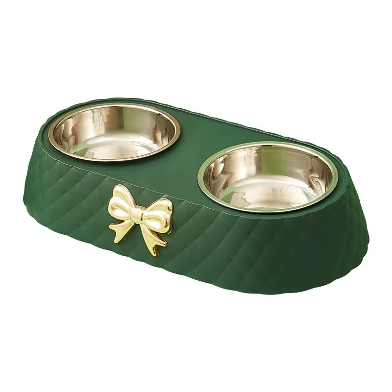 Stainless Steel Double Bow Knot Pet Feeding Bowl Set