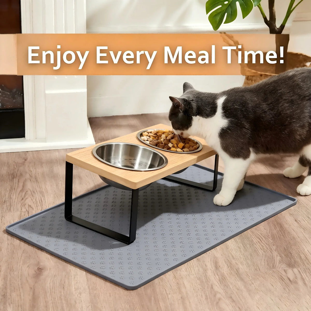 Elevated Stainless Steel Cat Bowls With Wooden Tilted Stand