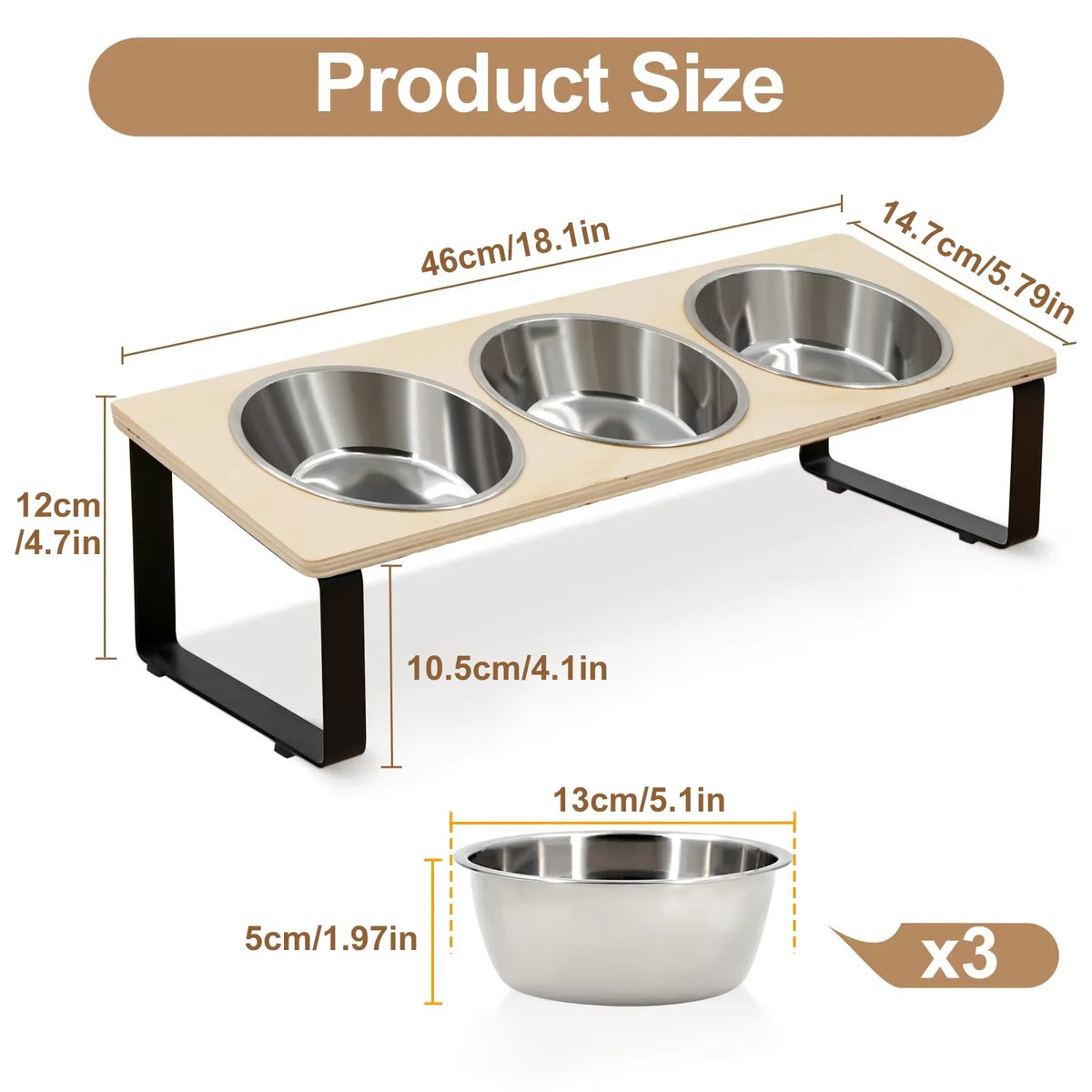 Elevated 3 Bowl Cat Feeder With Bamboo Stand And Steel Bowls