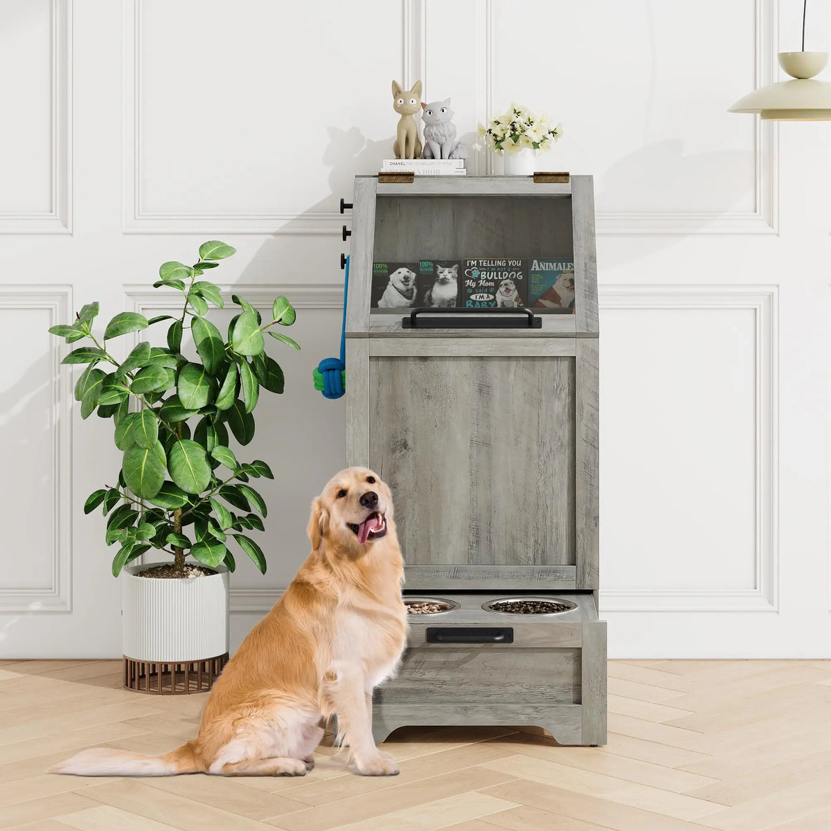 Elevated Pet Feeder With Stainless Steel Bowls And Storage Cabinet