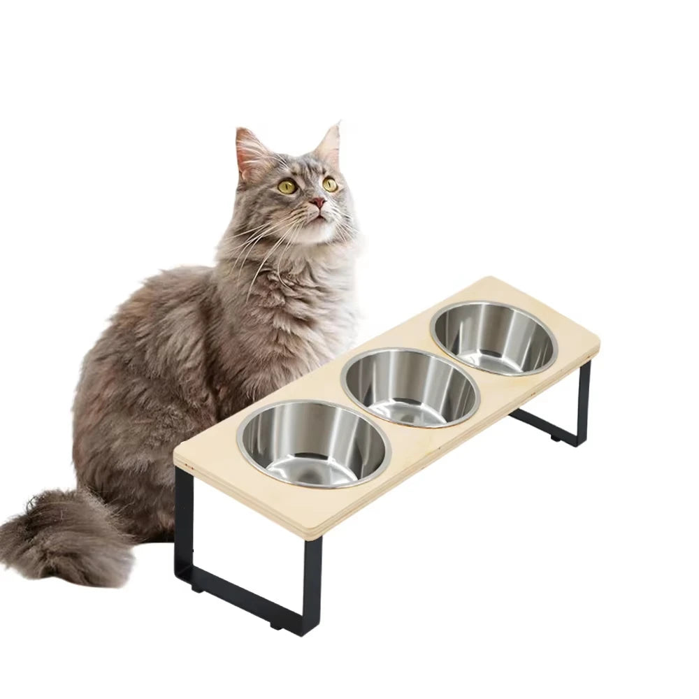 Elevated 3 Bowl Cat Feeder With Bamboo Stand And Steel Bowls