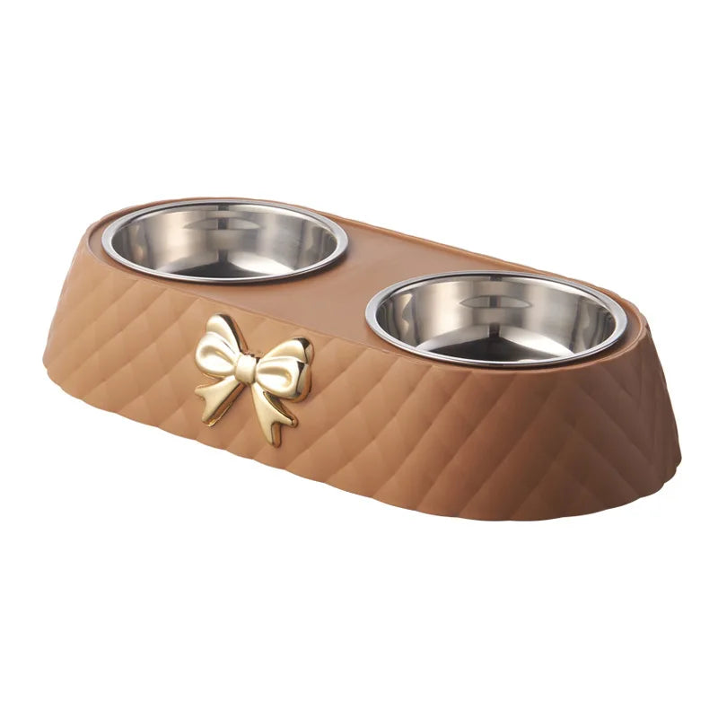 Stainless Steel Double Bow Knot Pet Feeding Bowl Set