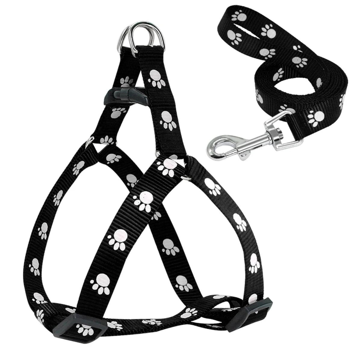 Adjustable Nylon Dog Harness And Leash Set With Paw Print Pattern
