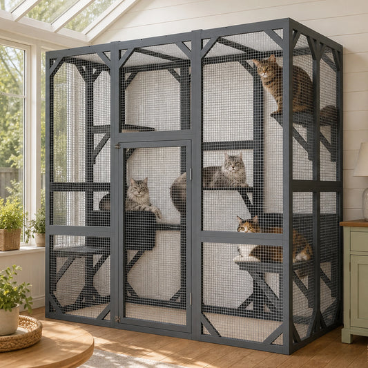 Wooden Outdoor Cat Catio With Multi Level Platforms And Rest Box