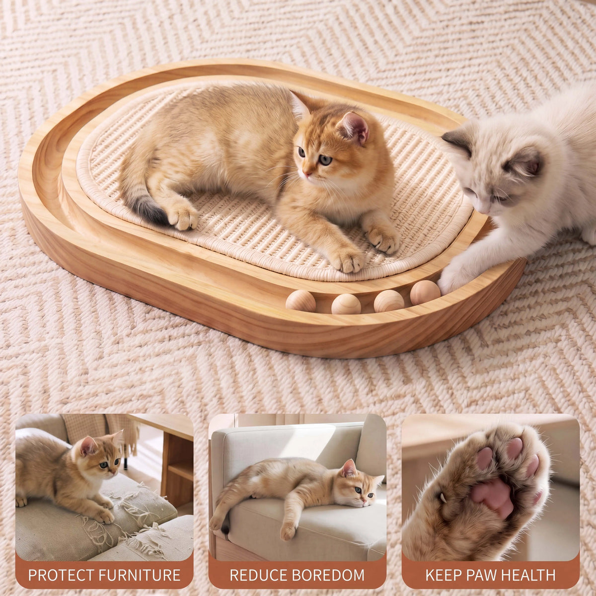 Three In One Cat Scratcher With Sisal And Rolling Balls