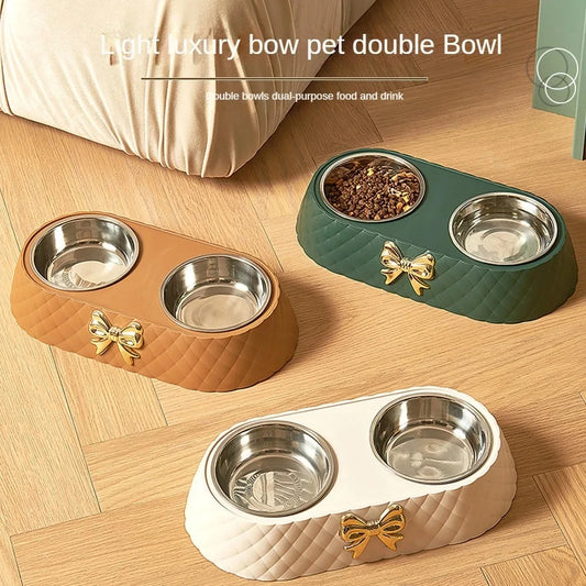 Stainless Steel Double Bow Knot Pet Feeding Bowl Set