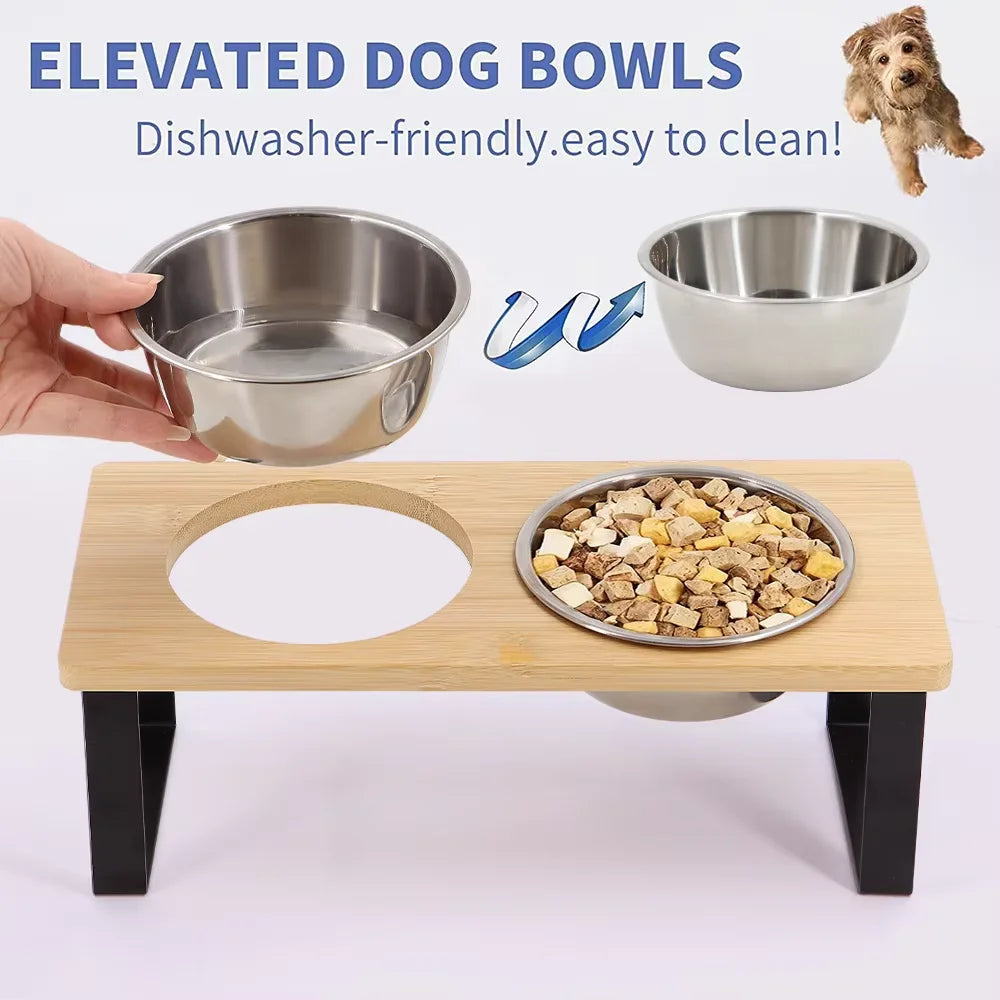 Elevated Stainless Steel Cat Bowls With Wooden Tilted Stand
