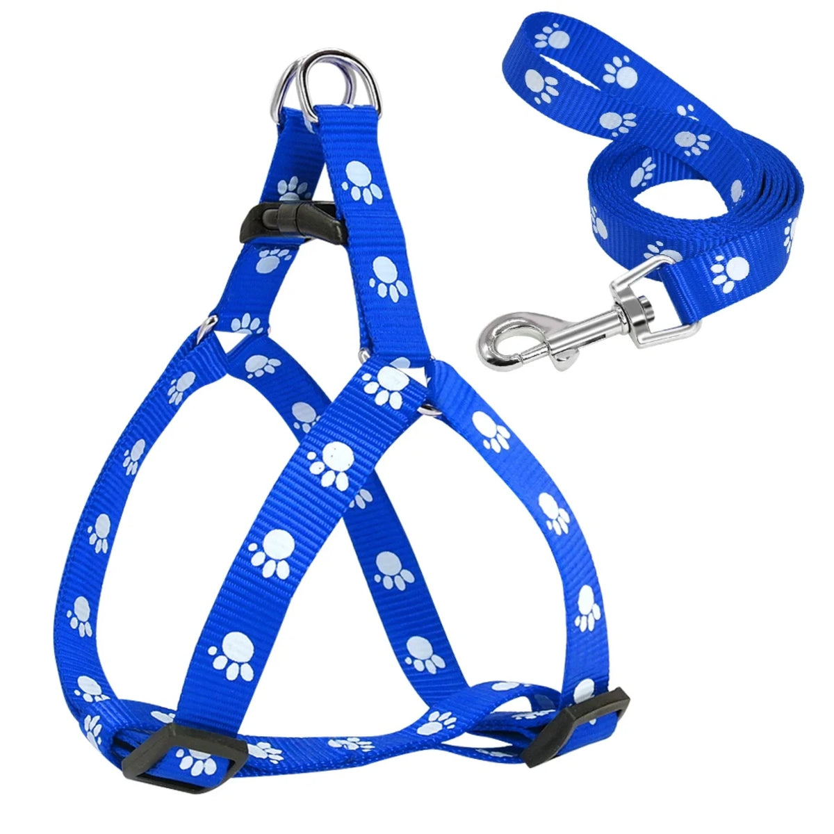 Adjustable Nylon Dog Harness And Leash Set With Paw Print Pattern