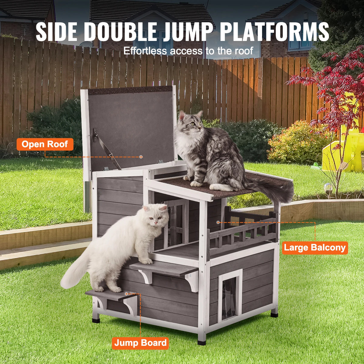 VEVOR Weatherproof Outdoor Wooden Cat House With Balcony