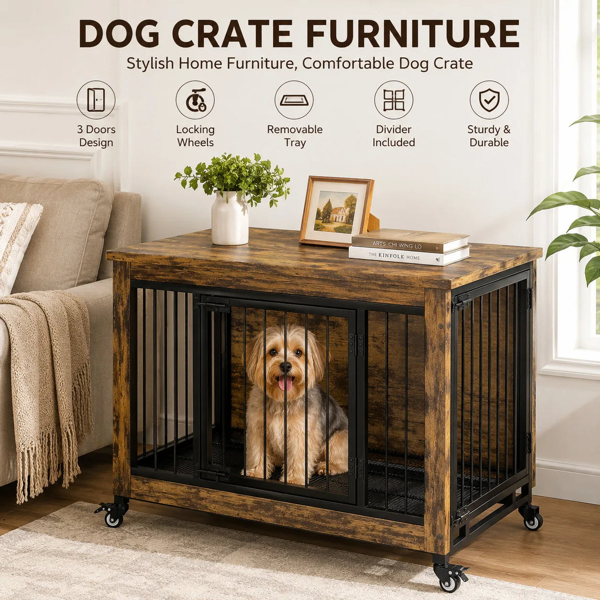 ANIXOL Wooden Dog Crate Furniture And Kennel Side Table