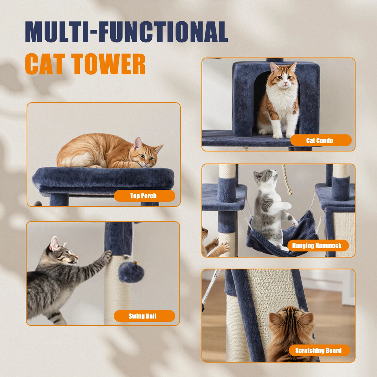 JHK Multi Tier Cat Tree Featuring Robust Natural Sisal Posts