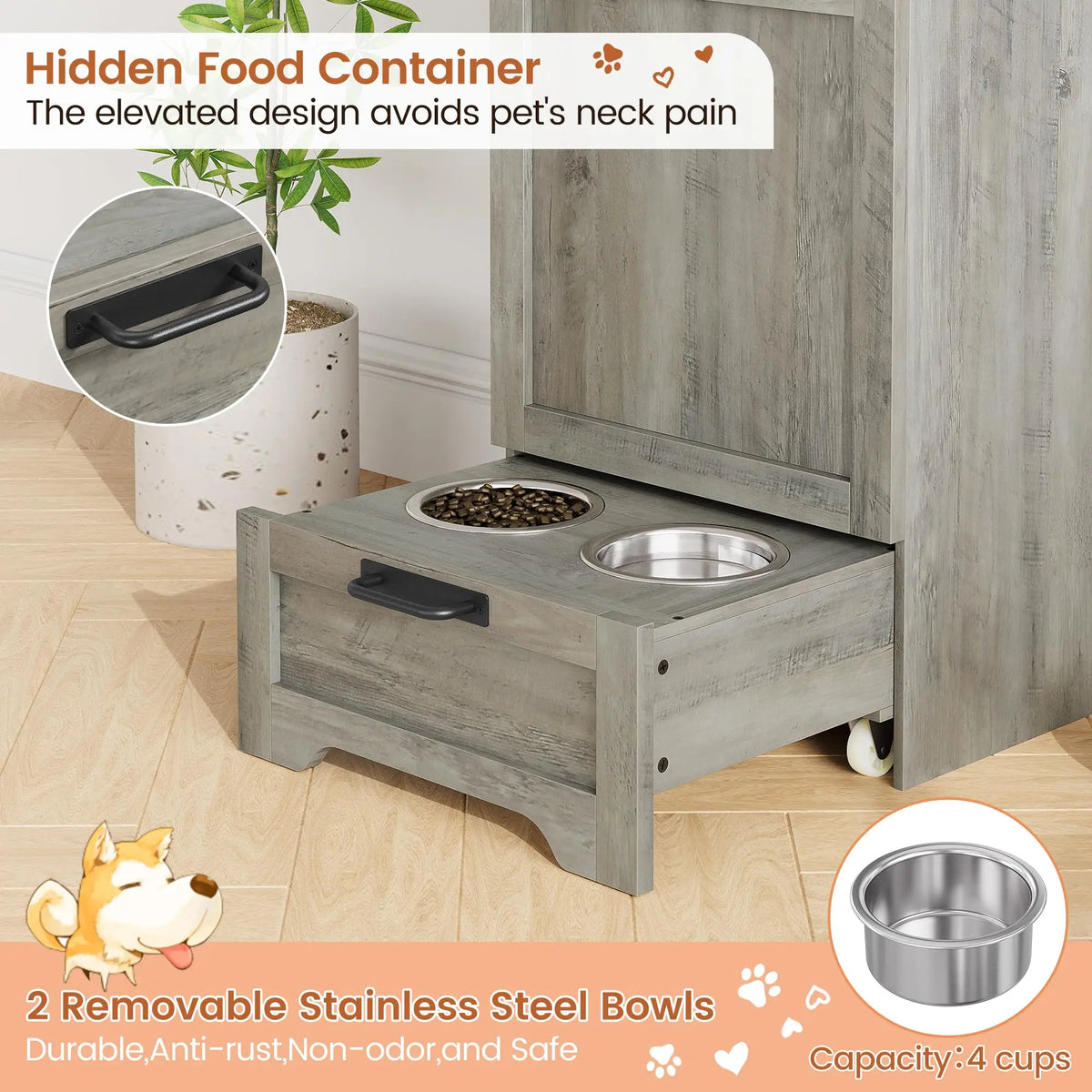Elevated Pet Feeder With Stainless Steel Bowls And Storage Cabinet