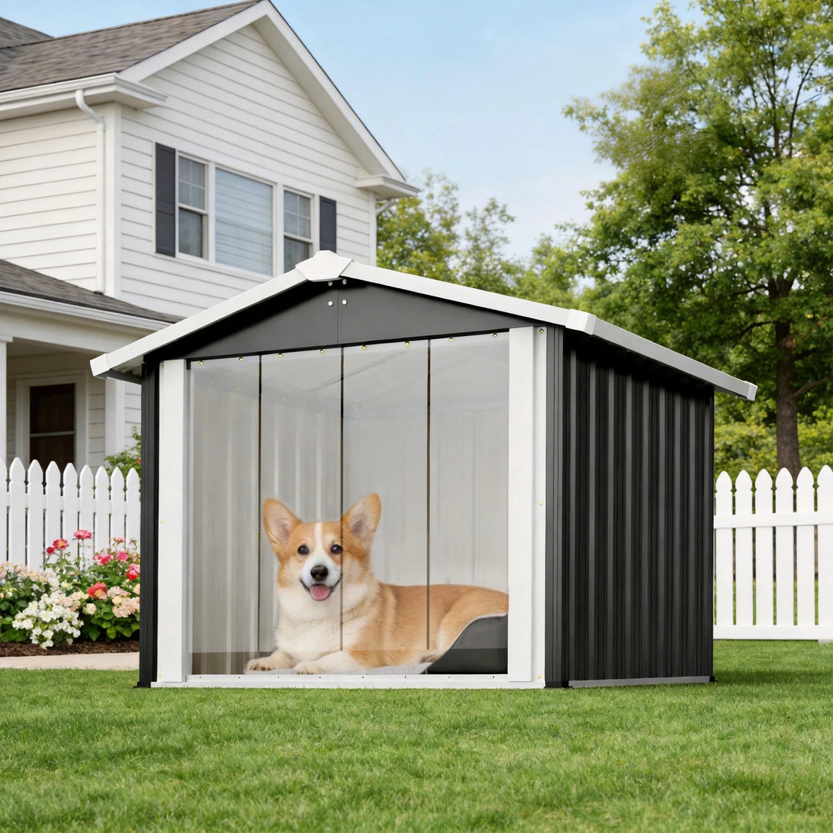 Two In One Metal Dog House With Outdoor Storage Shelter