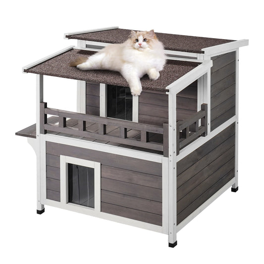 VEVOR Weatherproof Outdoor Wooden Cat House With Balcony