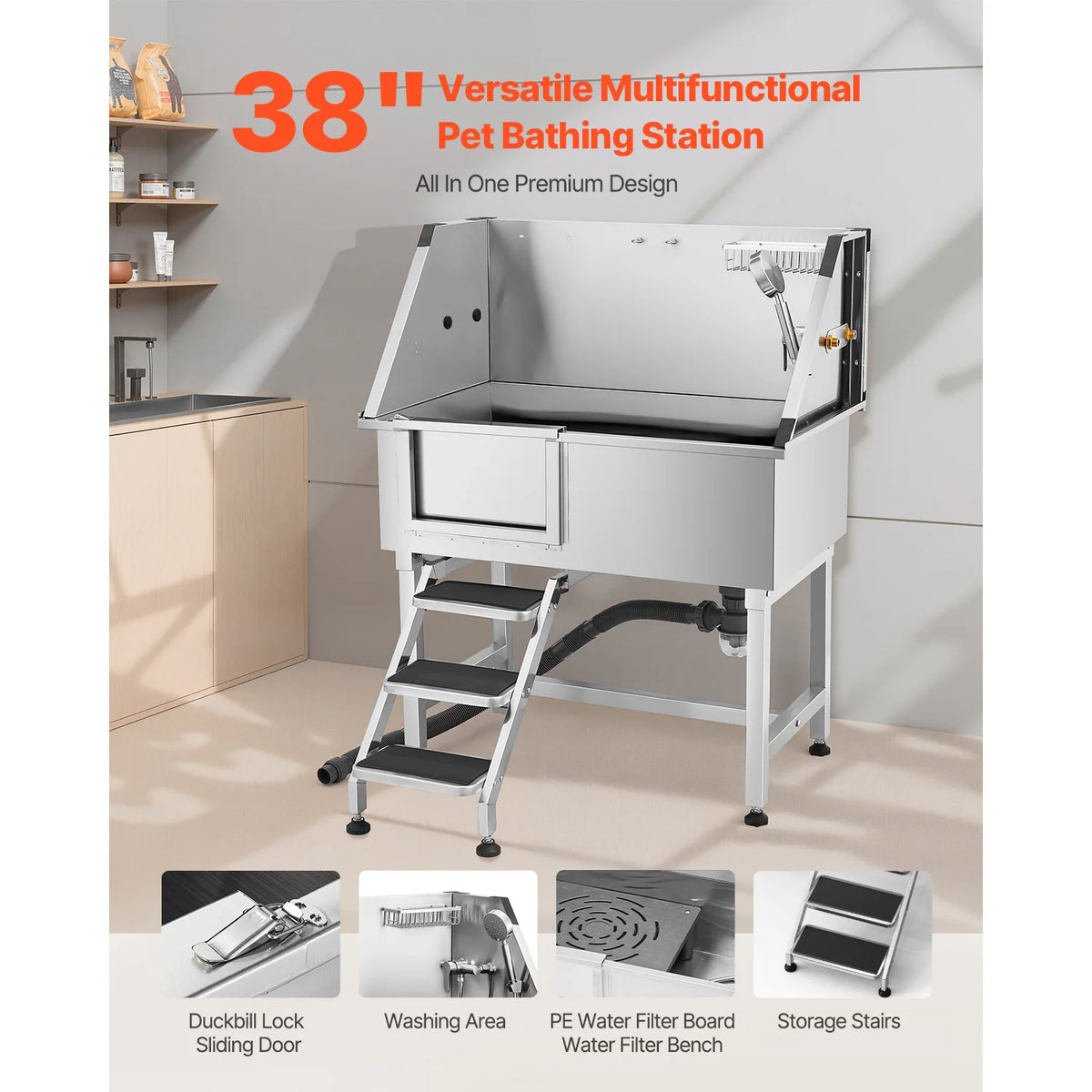 Stainless Steel Dog Washing Station With Grooming Tub And Shower