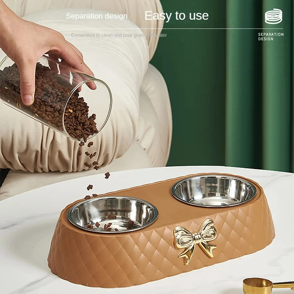 Stainless Steel Double Bow Knot Pet Feeding Bowl Set