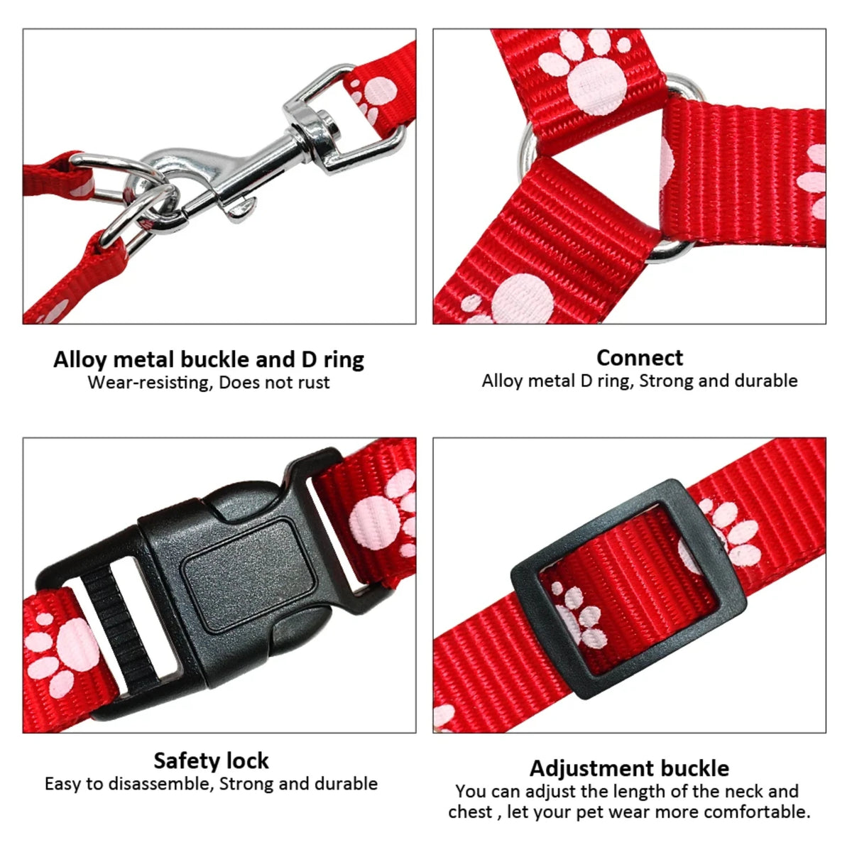 Adjustable Nylon Dog Harness And Leash Set With Paw Print Pattern