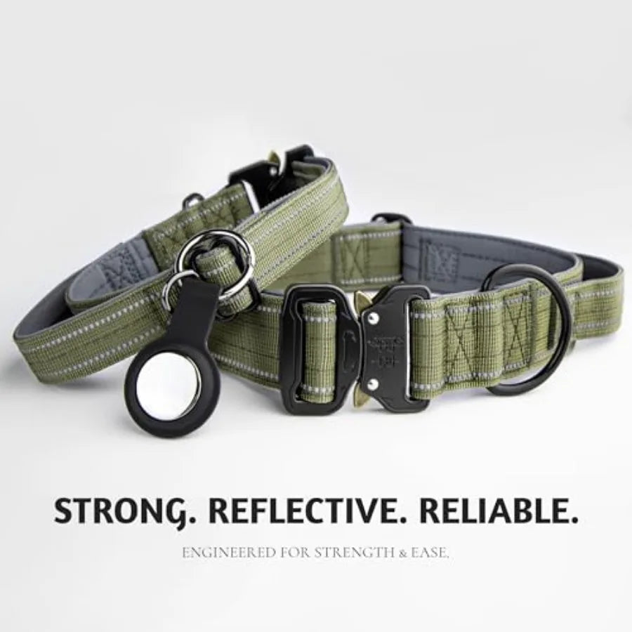 Tactical Dog Collar With Handle Reflective Lining And Airtag Holder