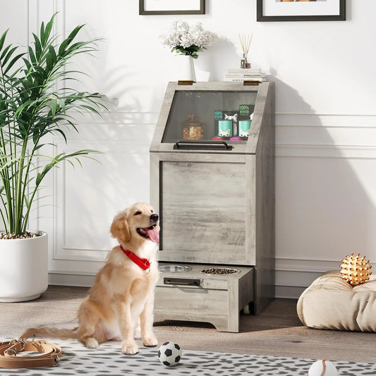 Elevated Pet Feeder With Stainless Steel Bowls And Storage Cabinet