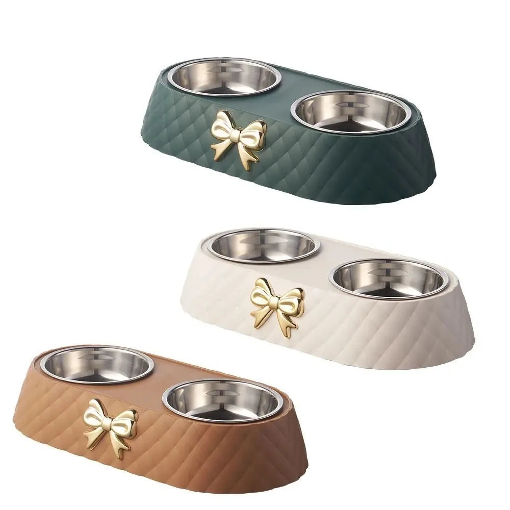Stainless Steel Double Bow Knot Pet Feeding Bowl Set