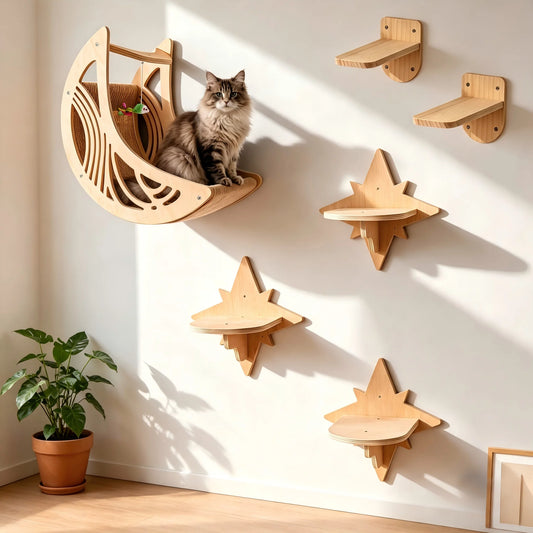 CWV Wall Mounted Cat Shelves Moon Hammock Star Perch Set