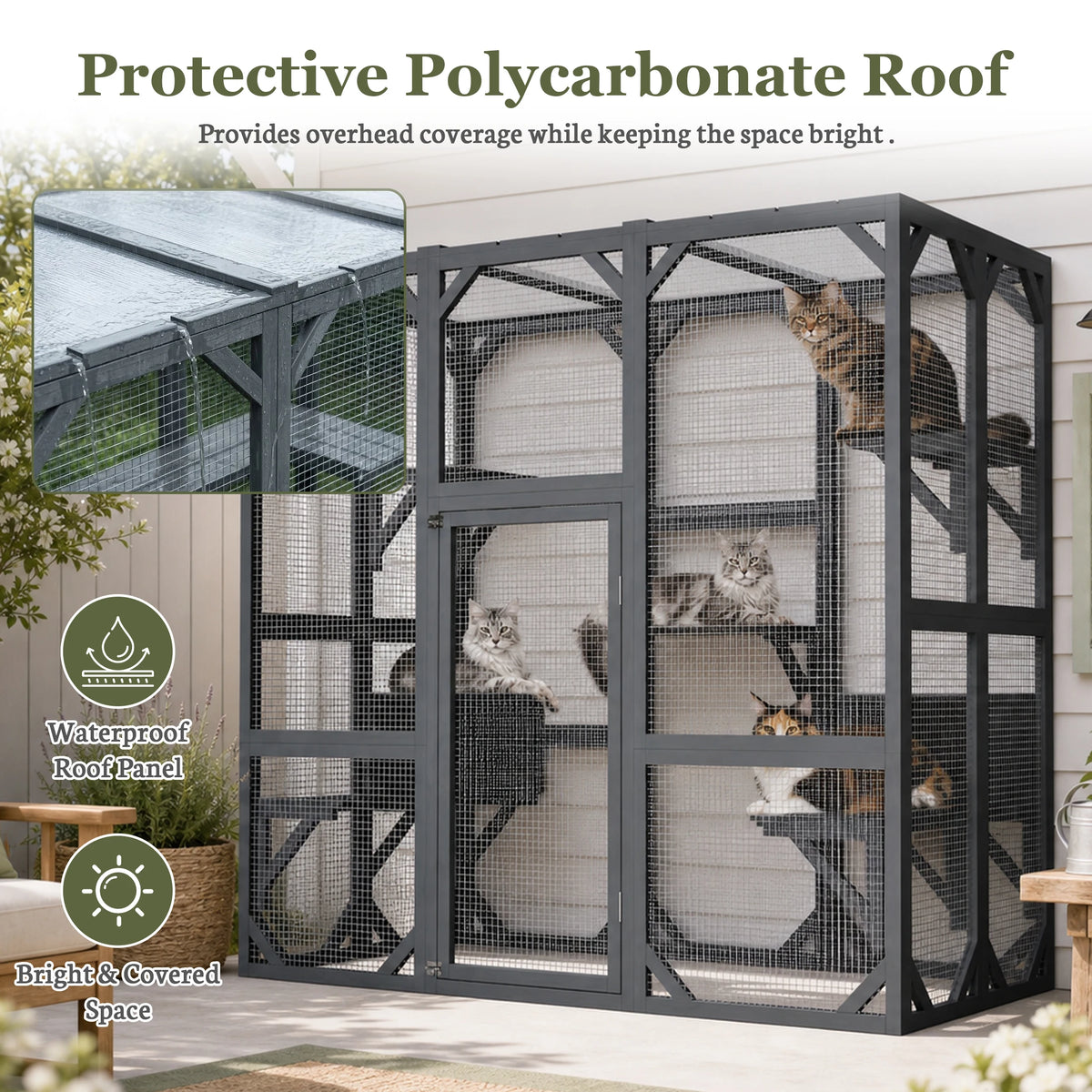 Wooden Outdoor Cat Catio With Multi Level Platforms And Rest Box