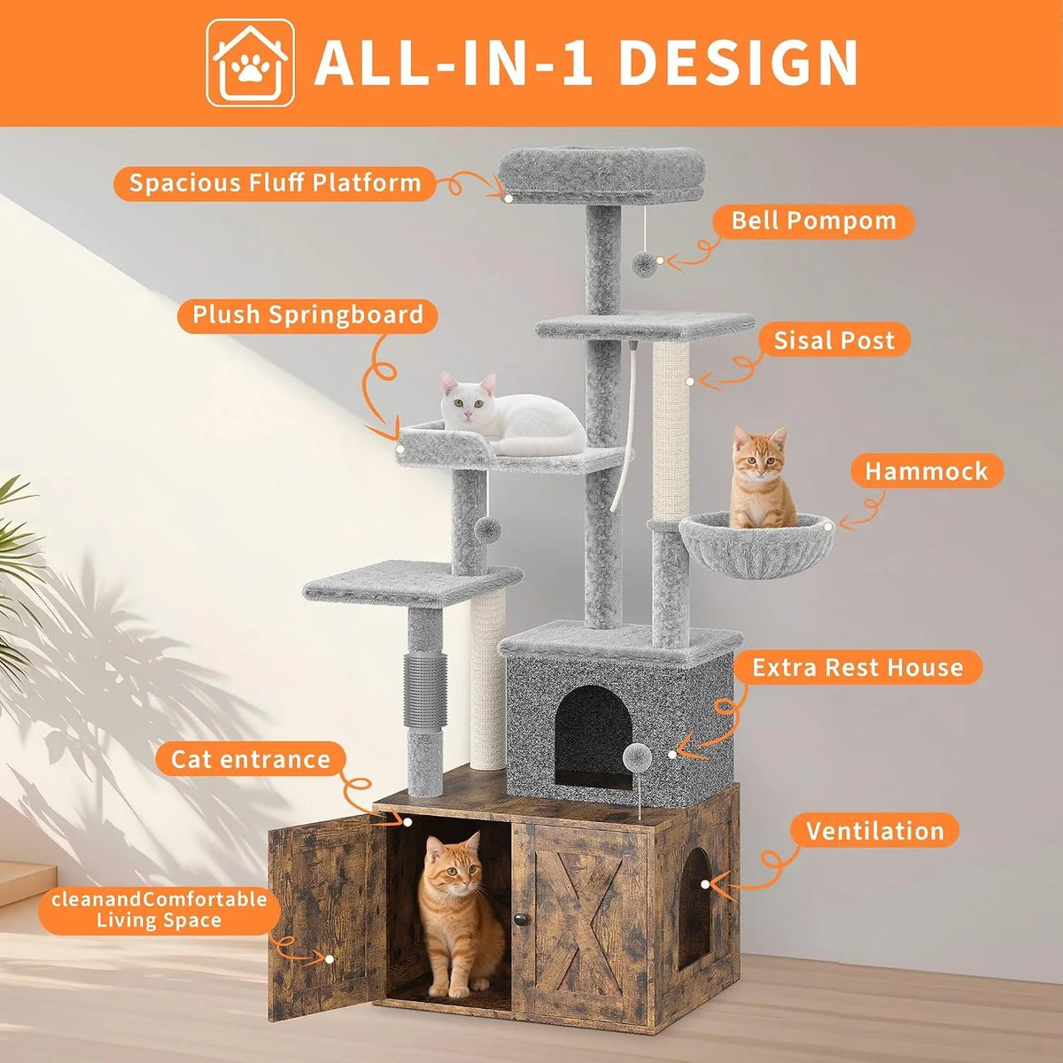 Modern Cat Tree With Hidden Litter Box And Scratching Post