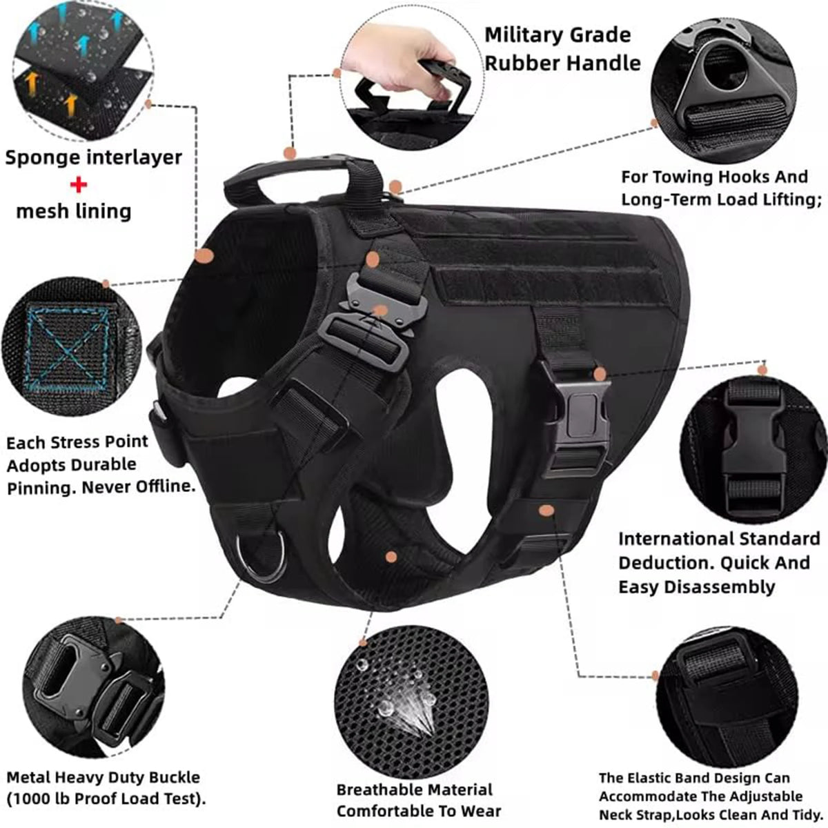 PETRAVEL Tactical Dog Harness With Padded Quick Release Vest