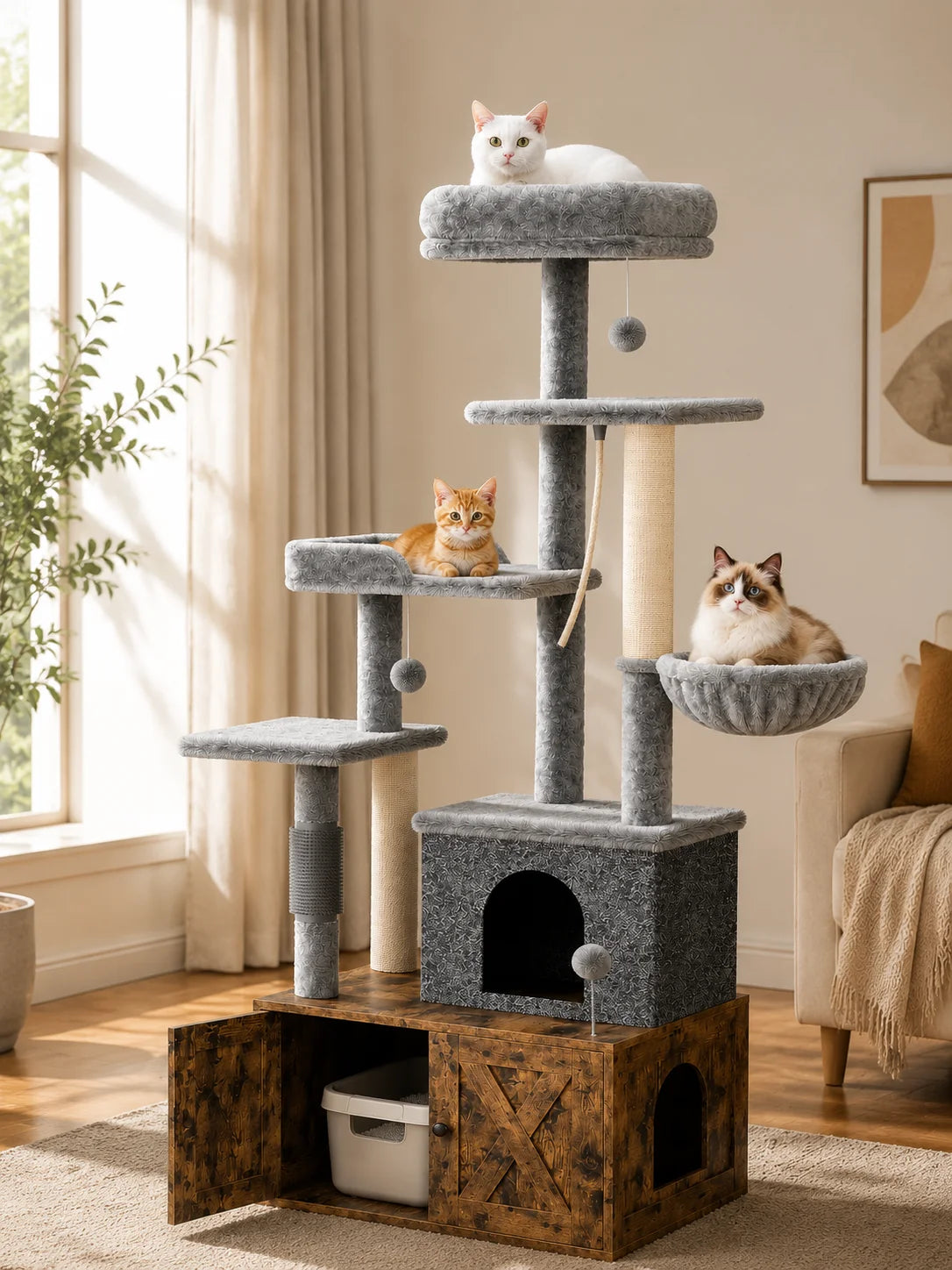 Modern Cat Tree With Hidden Litter Box And Scratching Post