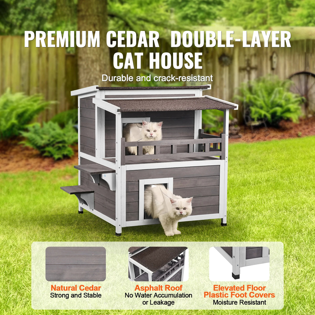 VEVOR Weatherproof Outdoor Wooden Cat House With Balcony