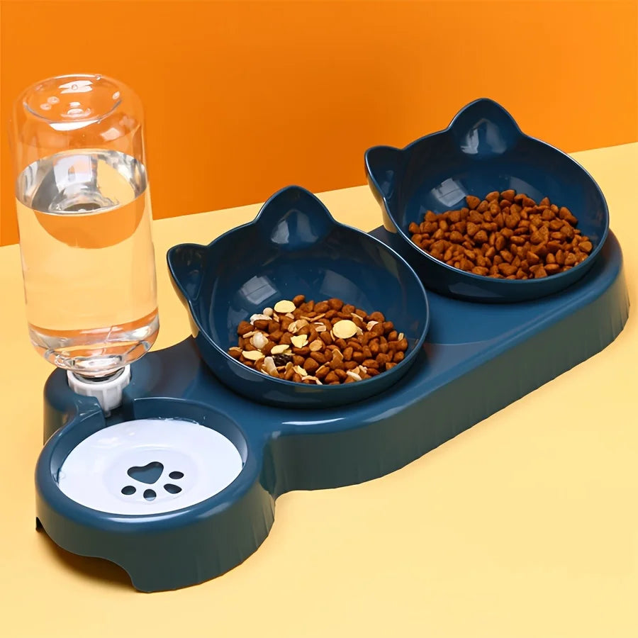 Tilted Cat Food Bowl Set With Gravity Water Dispenser